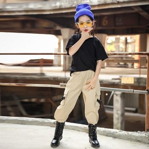 2020 Fashion Hip Hop Dance Costume Children Short Sleeves T-Shirt Girls Khaki Pant Loose Street Wear Performance Outfits 1657