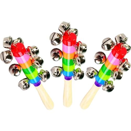 3 Pieces Wooden Handheld 10 Jingle Bells Bar Sleigh Stick Kids Toy Percussion Instrument Gifts