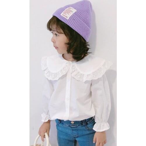Girls White Doll Collar Shirt 2021 Spring New Sweet Girls Pure Color Lace Collar Cardigan Shirt Childrens Clothing