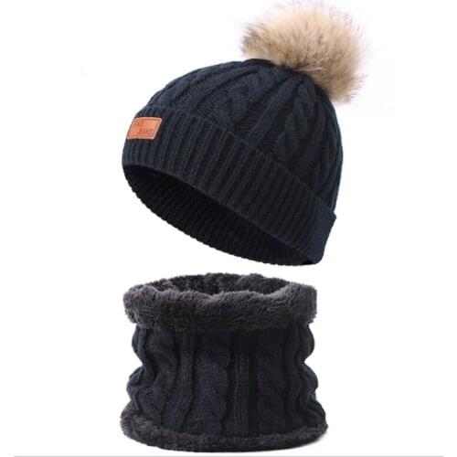 Children Winter Hat Scarf Set Cute Hair Ball Boys Girls Pom Poms Hat Set Kids Knitted Skullies Beanies Warm Caps Scarves