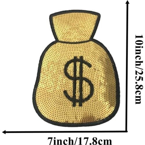 DZ DIY New Custom Gold Money Bag Sequined Iron on Patches for Clothes Jeans 10" x 7" Dollar Bag Sequins Embroidery Appliques