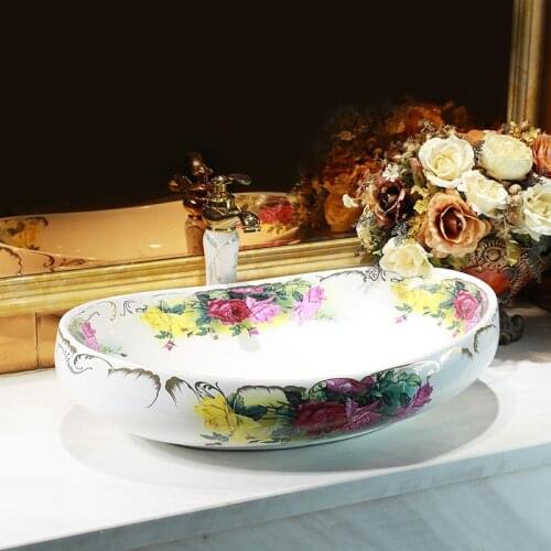 European Basin bowl Oval-shaped Ceramic Household Washbasin Art Basin rose pattern ceramic wash basin bathroom sink