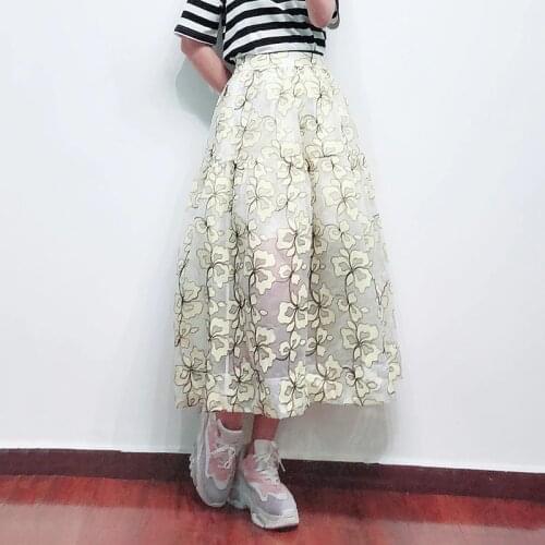 Patads French womens hollow pattern slim A-line skirt spring and summer mesh long skirt womens skirt e19jizia