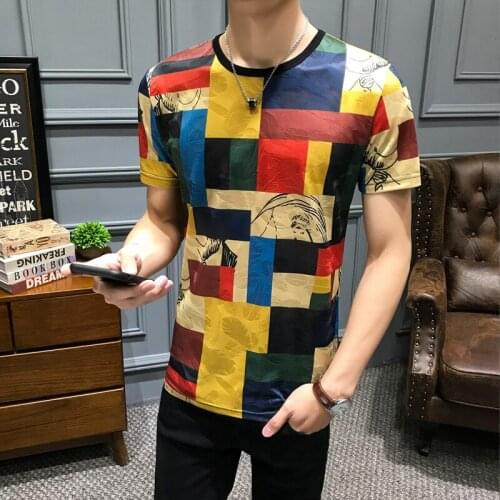 Lattice Print Fashion T Shirt Harajuku Top Tee Streetwear T Shirt Men Camisetas Hombre Short Sleeve Tshirt Splice Contrast Color