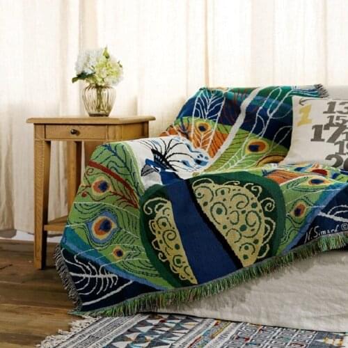 Indian Peacock Pattern Double Side Sofa Cover Dust Proof Living Room Knitting Blanket Home Decoration
