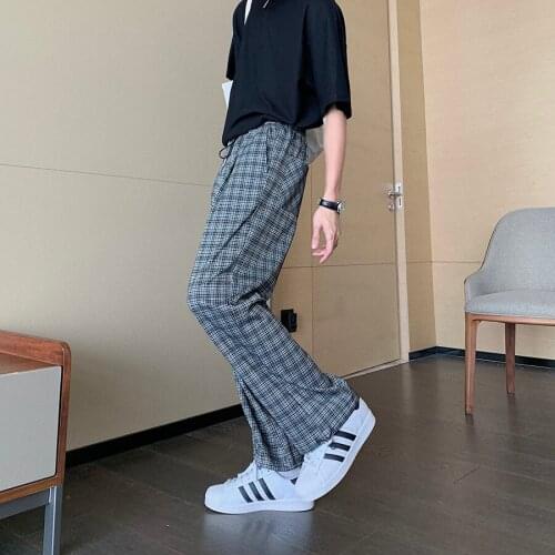 Summer Mens Retro Casual Loose Straight Plaid Pants Korean Version Of The Trendy Leggings Thin Trousers