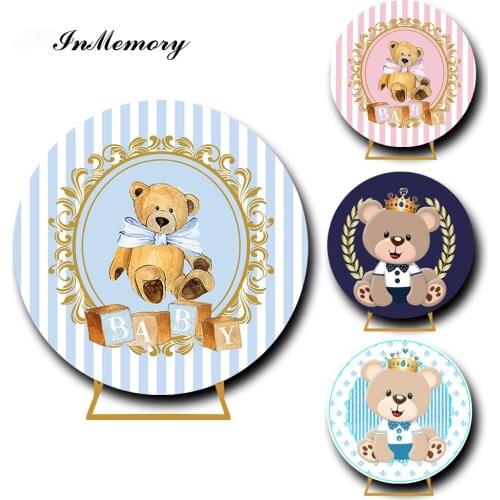 InMemory Cute Bear Round Backdrop Cover Baby Shower Newborn Girl Boy 1st Birthday Party Photography Background Custom Photocall