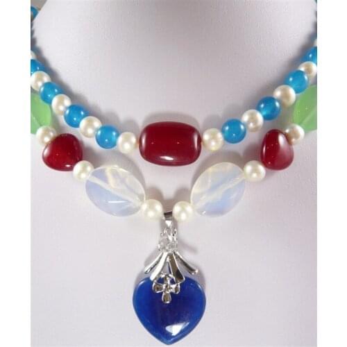Trendy mixed white pearl colourful jade necklace +heart pendant