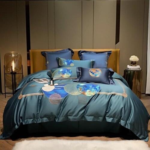 Outer Space Planet Embroidery Duvet Cover Set 4Pcs Premium Egyptian Cotton Bedding Set Bed Sheet 2Pillow Shams Queen King size