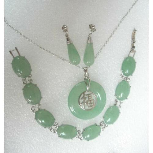 Natural Light Green Jade Silver Bracelet Pendant Necklace Earrings Jewelry Set