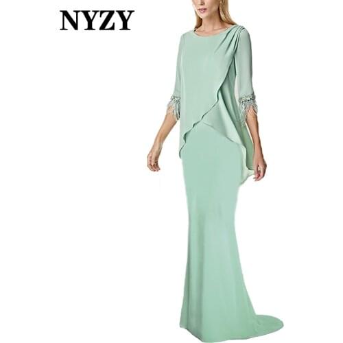 NYZY M346 Elegant Mint Green 3/4 Sleeves Feather Mermaid Mother of the Bride Dresses 2021 Wedding Party Formal Evening Gown