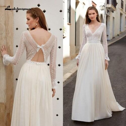 Vestidos Vintage Long Sleeve Wedding Dress Plus Size 2021 Deep V-neck Beach Wedding Dresses Boho vestido de novia Lakshmigown