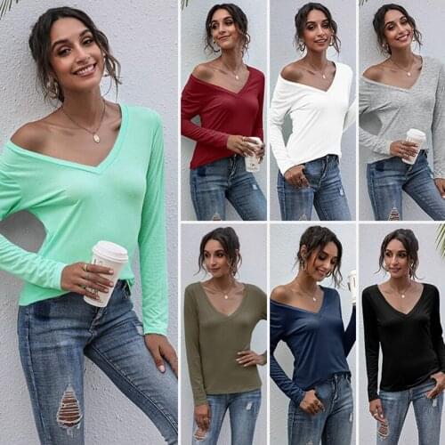 Womens Solid Color Long Sleeve V-Neck T-Shirt Basic Casual Slim Tops