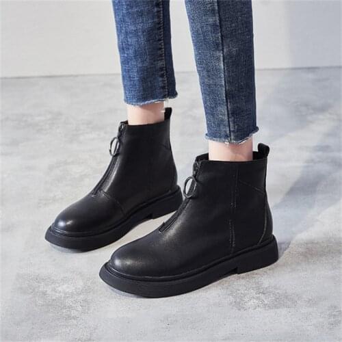 Front Zipper Short Boots Women 2021 New Velvet Martin Leather Boots British Style Flat Boots Fashion Leather Womens Boots