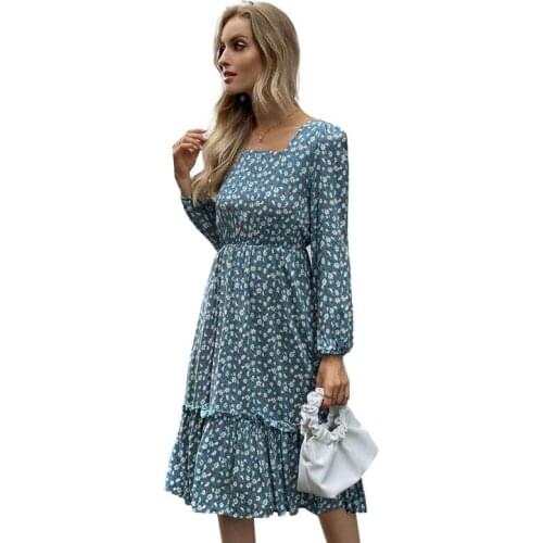 Retro Square Collar Women Dress Fashion Floral Full Sleeve Autumn Winter Dress Brand Cotton Vestidos Plus Size Slim A-Line Robe