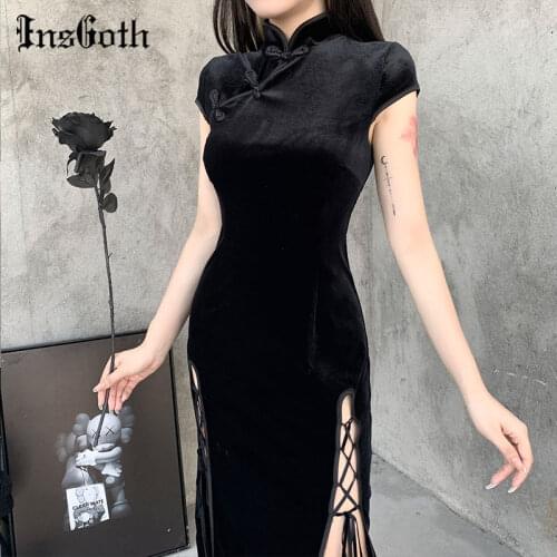 InsGoth Retro Cheongsam Black Dress Goth High Waist Bandage Patchwork Midi Dress Women Elegant Bodycon Short Sleeve Party Dress
