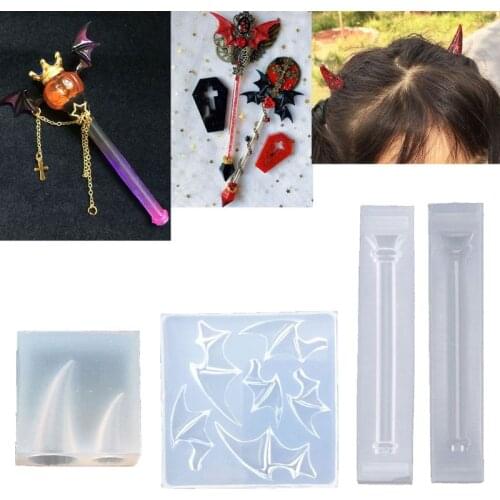 3Pcs Magic Wand Evil Wings Devil Horns Hair Clips Silicone Resin Mold Witch Wand Theme Epoxy Resin Casting Molds Kit