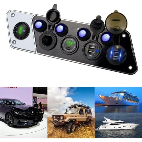 4 Gang Switch Panel Charger Socket QC3.0 PD Dual USB Waterproof Digital Voltmeter Clock Cigar Lighter 12-24V 36W For Car Marine