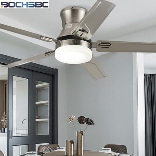 BOCHSBC Stainless Steel Ceiling Fan Light For Dininig Room Living Room Simple Modern Fan Light With LED Bulb And Wood Leaves