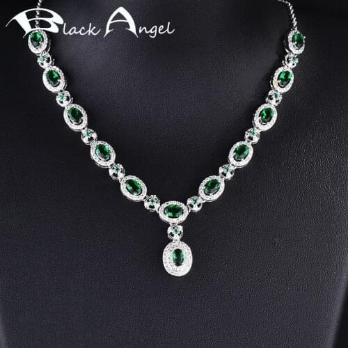 BLACK ANGEL 925 Sterling Silver Inset Shiny Emerald Sapphire Pigeon Blood Ruby Pendant Necklace For Women Wedding Jewelry Gift