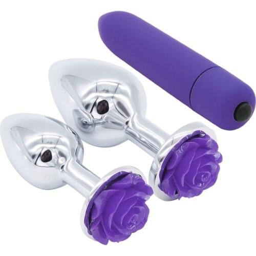 Smooth Metal Anal Plug Vibrator Purple Rose Flower Allergy-free Stainless Steel Prostate Massager Butt Beads Women Sex Toys