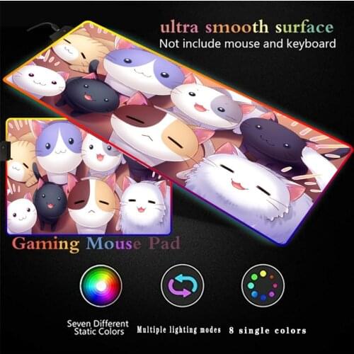 Black White Cute Cat Colorful Gaming Mouse-pad RGB LED Durable Natural Rubber Base Cloth Surface Waterproof XXL XL Mice Mats RGB