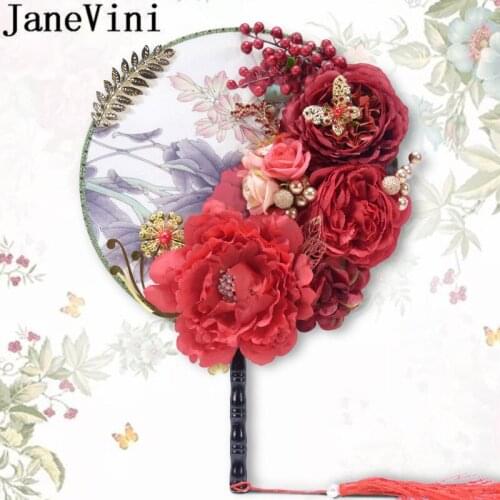 JaneVini Artificial Peony Bridal Fans Bouquets Red Silk Flowers Tassel Women Wedding Catwalk Pageant Bride Fan Bouquet De Rose