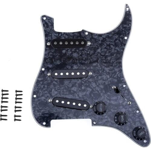 Musiclily 11-Hole SSS Prewired Loaded Pickguard with Single Coil Pickups Set for Fender Squier Strat Guitar, 4Ply Black Pearl