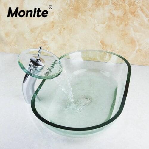 Monite Single Handle Tap Waterfall Faucet Bathroom Sink Washbasin Glass Hand-Paint Lavatory Bath Sink Set Mixer Faucet