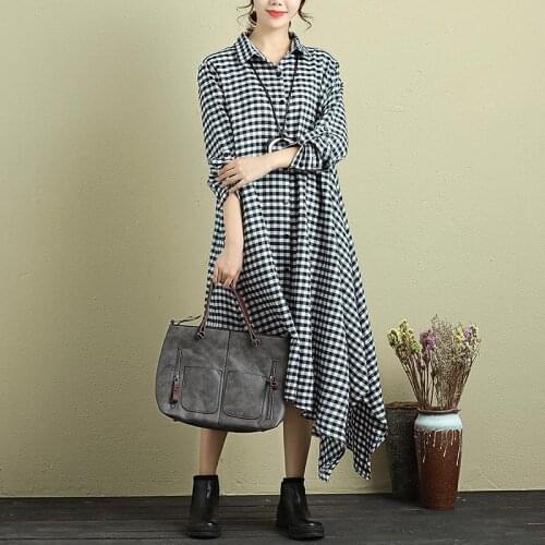 Womens Irregular Sundress ZANZEA Fashion Check Shirt Dress Casual Long Sleeve Vestidos Female Plaid Mid-Calf Robe