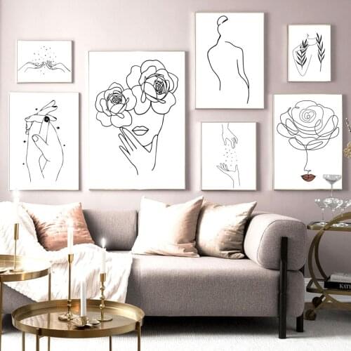 Abstract Line Girl Hand Rose Flower Leaf Wall Art Canvas Painting Nordic Posters And Prints Wall Pictures For Living Room Decor