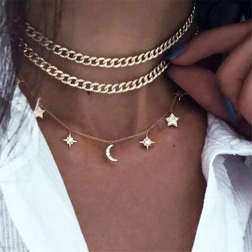 Bohemian Gold Color Star Moon Pendants Necklaces for Women Vintage Crystal Chain Choker Necklace 2020 Statement Party Jewelry