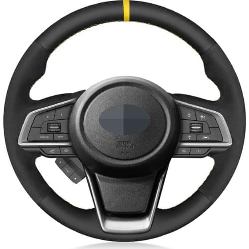 Car Steering Wheel Cover Hand-Stitched Black Genuine Leather Suede For Subaru Forester 2019 Ascent 2019 Crosstrek 2018-2019