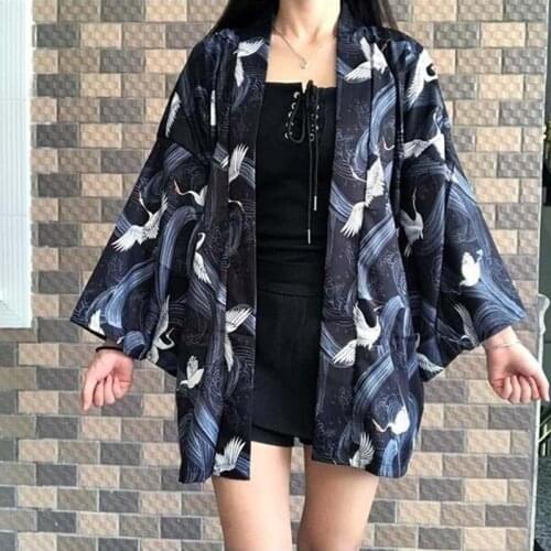 Summer Chinese Style Kimono Crane Printing Three Quarter Sleeve Japanese Shirt Women Traditional Clothing Hip Hop Cardigan Coats