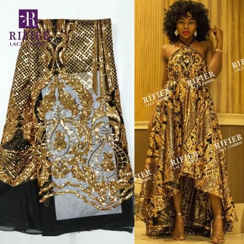 Classical Sequins Mesh Tulle Lace Fabrics Gold And Black Sequined Embroidered Mesh Tulle For Noble Lady Prom Wedding Net Fabrics