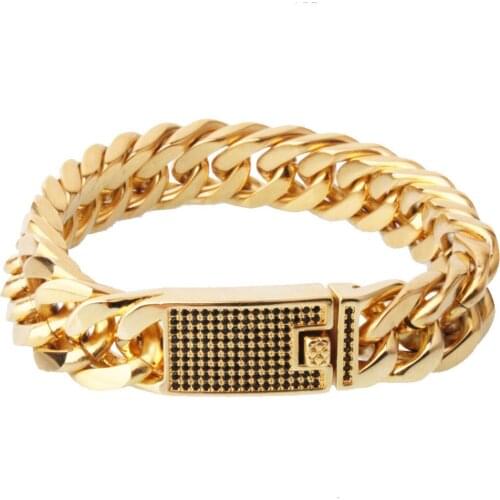 Cool Jewelry Bracelet Mens Gold Color Stainless Steel Double Link Black Crystal Bracelet 15mm