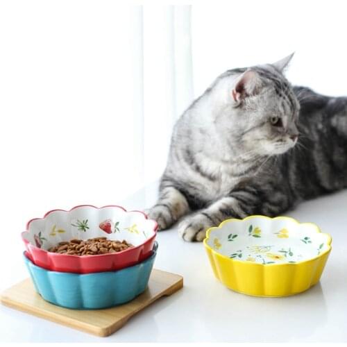450ML Cute Cat Bowl Ceramic Cat Bowl Protect Cervical Pet Feeding and Drinking Bowl with Wooden Tray for Puppy Cat and Dogs