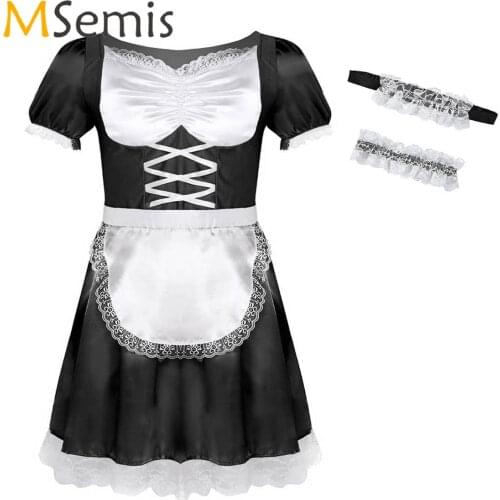 Mens Sissy Maid Uniform Fancy Dress Cosplay Costume Role Play Games Outfit Short Sleeve Satin Dress with Choker and Headband