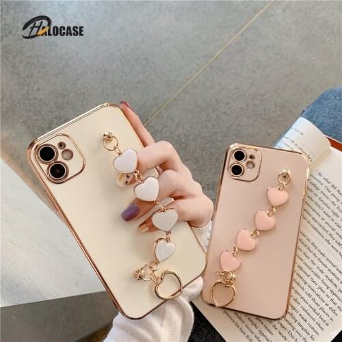 Luxury Plating Love heart chain Wrist Bracelet soft case for iphone 12 Pro Max MiNi 11 pro max X XS XR 7 8 Plus SE 2020 Cover