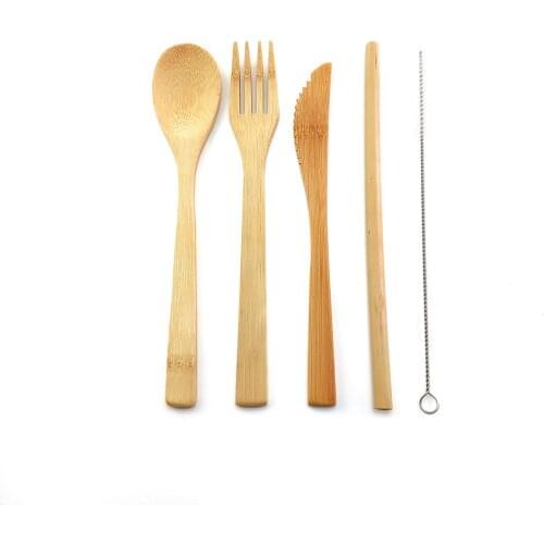 6pcs/set Bamboo Cutlery Set Knife Spoon Fork Straw Wooden Dinnerware Set Chopstick Cloth Bag Kitchen Cooking Tools Travel