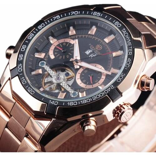 New FORSINING Mechanical Watches Stainless Steel Men Automatic Tourbillon Skeleton Automatic Watch Men Rose Gold Wristwatch