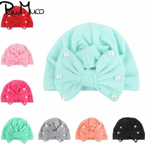 Powmuco 14 CM Solid Color Handmade Bows Infant Hats Fashion Soft Knitting Cotton Newborn Caps Baby Headwear Photography Props