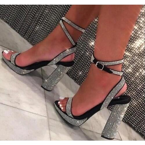 Sliver Bling Bling Crystal Chunky Heels Strappy Gladiator Diamond Platform Sandals Woman Narrow Bands Dress Party Shoes