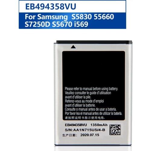 Samsung Original EB494358VU Battery For Samsung Galaxy Ace S5830 S5660 S7250D S5670 Genuine Replacement Phone Battery 1350mAh