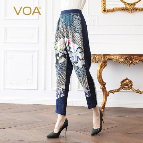 VOA Silk Jacquard Print Harem Pants Long Trousers Women Plus Size 5XL Casual Boho Vintage Elegant Basic Navy Blue Summer K527