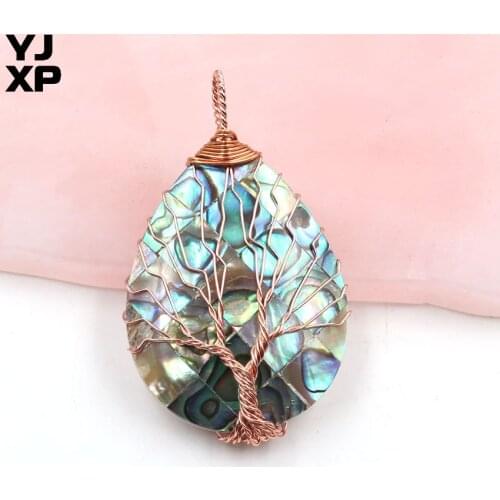 YJXP Abalone Shell Trendy Light Yellow Gold Handmade Tree of Life Wire Winding Water Drop-Shaped Pendant Fashion Charms Jewelry
