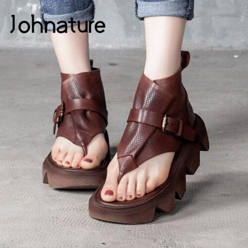 Johnature Retro Genuine Leather Shoes Women Sandals 2021 New Buckle Strap Flip Flops Wedges Handmade Concise Platform Sandals