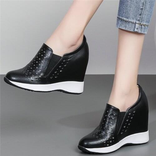 10cm High Heel Fashion Sneakers Women Cut Out Genuine Leather Wedges Ankle Boots Female Round Toe Platform Pumps Casual Shoes