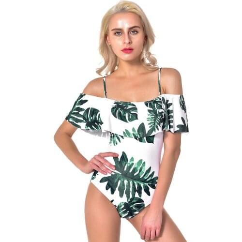 Women One Piece Vintage Printed Off Shoulder Flounce Ruffled Swimwear Ruched Flounce Flutter Tummy Control Swimsuits Monkini