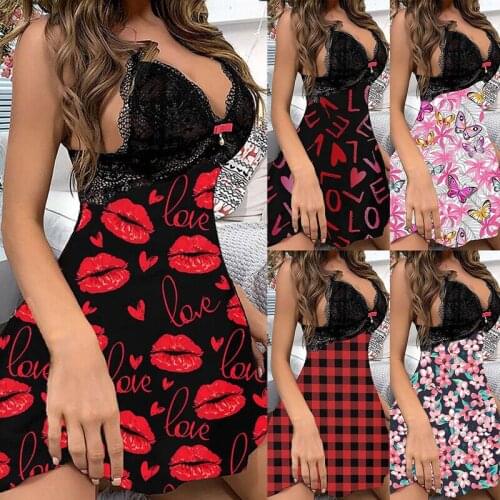 Womens Underwear Sling Nightdress Sexy Lingerie Womens Nightie Sleepwear Nightdress Printing Satin Sleep Nightgowns Plus Size